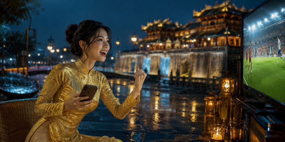 Khung cảnh Huế với áo dài và điện thoại gợi cách đọc kèo bóng đá